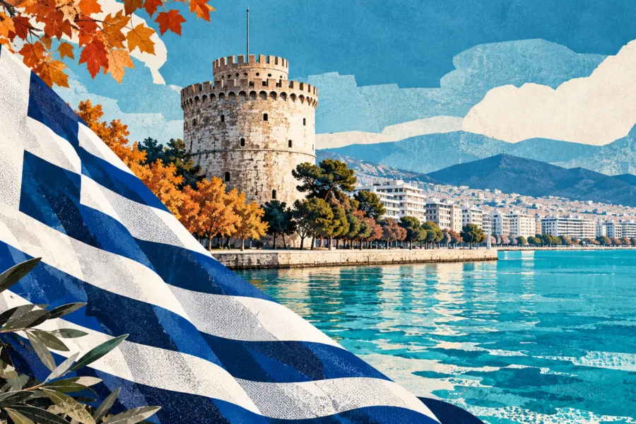 Εικονογράφηση της Θεσσαλονίκης με ελληνική σημαία