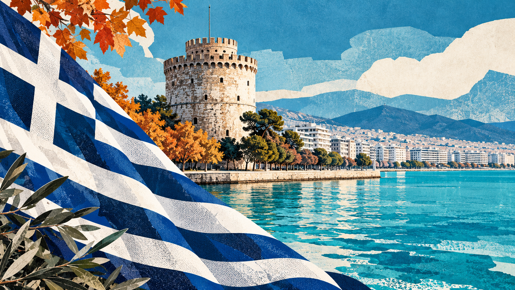 Εικονογράφηση της Θεσσαλονίκης με ελληνική σημαία