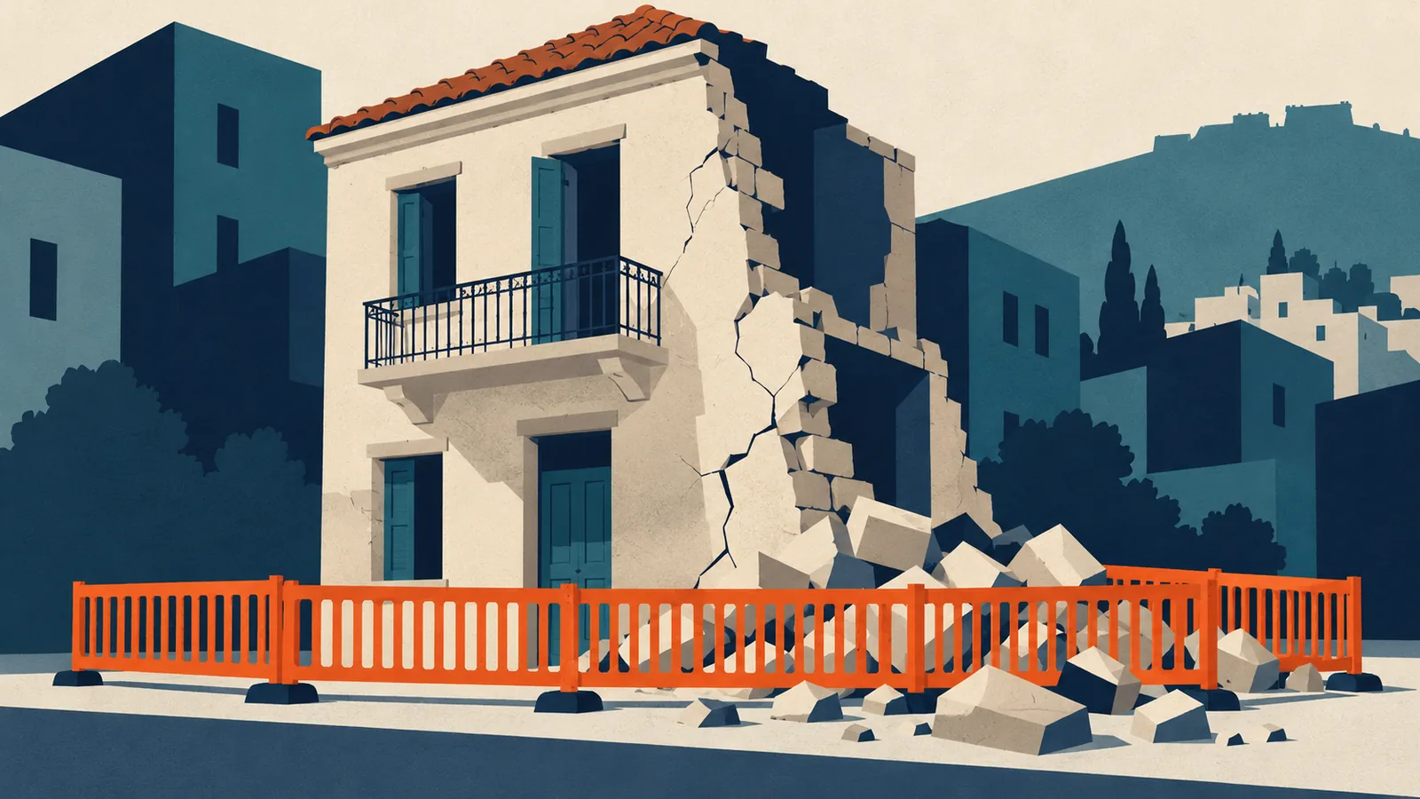 Συμβολική εικονογράφηση κτιρίου και προστατευτικού φράγματος· δεν απεικονίζει το συμβάν στην Ακαδημία Πλάτωνος.