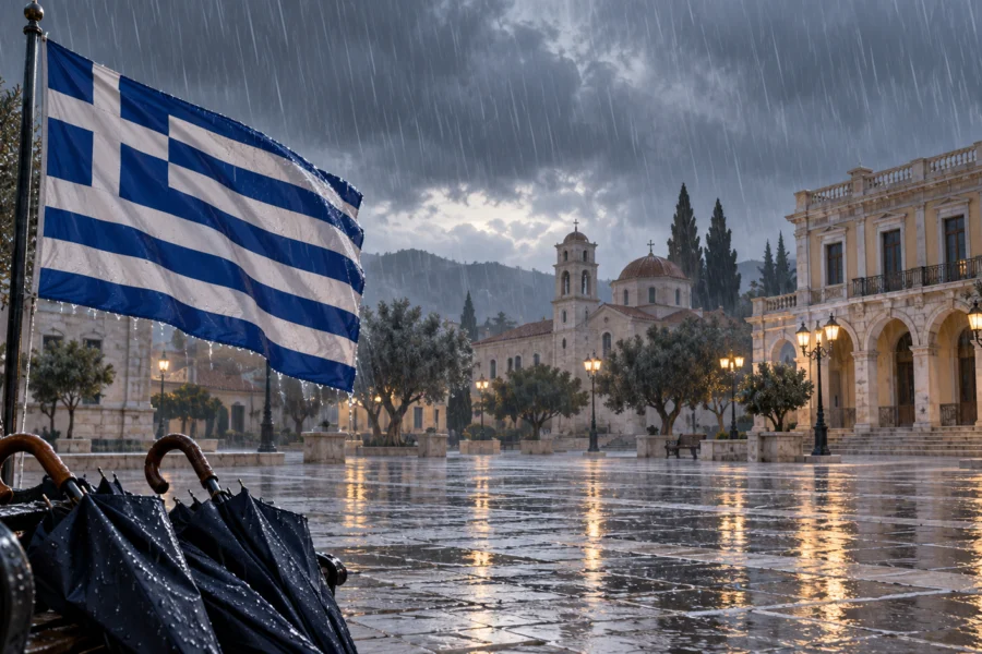Συμβολική εικονογράφηση ελληνικής σημαίας σε βροχερή πλατεία για τις ακυρώσεις παρελάσεων της 28ης Οκτωβρίου.