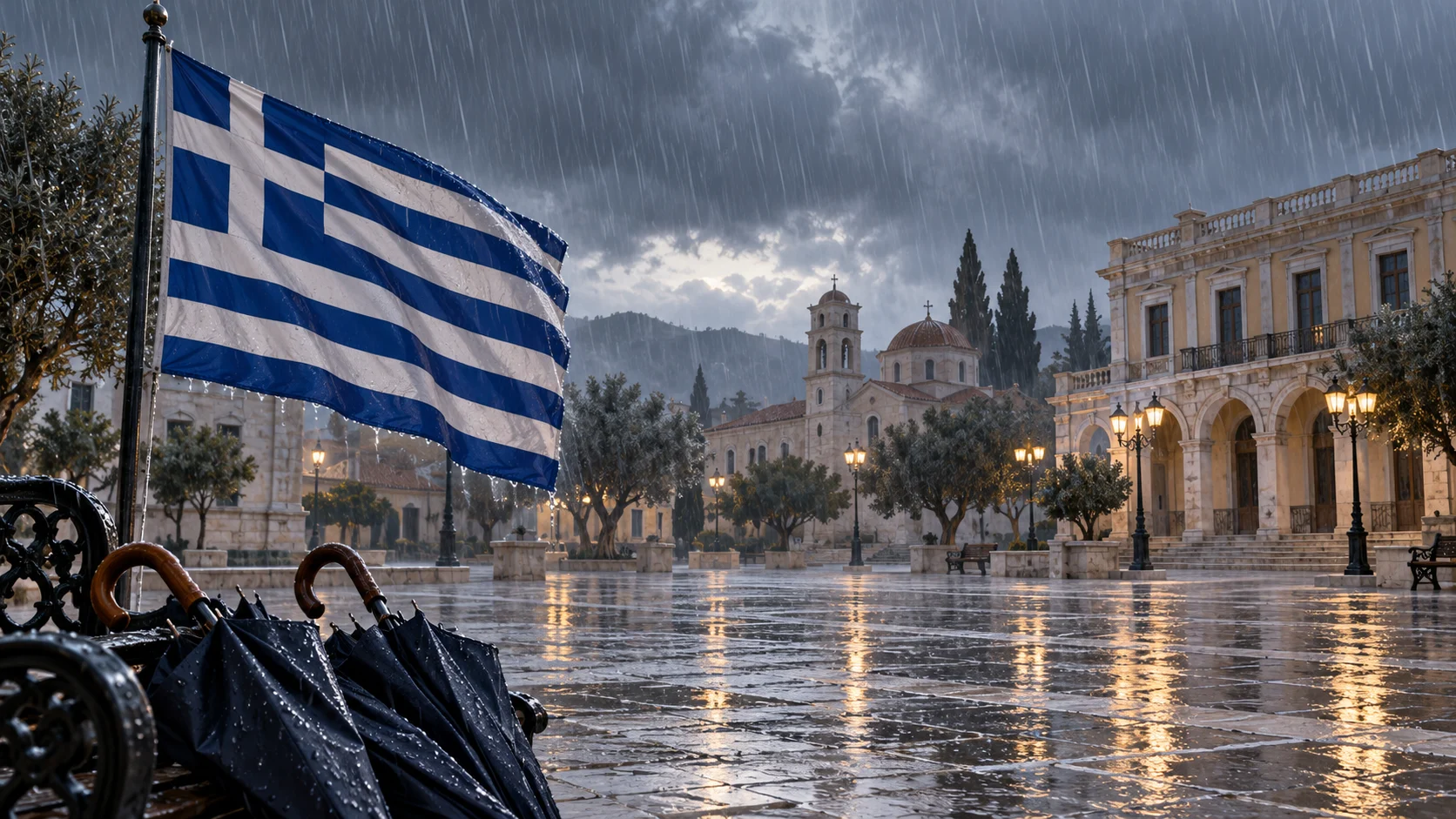 Συμβολική εικονογράφηση ελληνικής σημαίας σε βροχερή πλατεία για τις ακυρώσεις παρελάσεων της 28ης Οκτωβρίου.