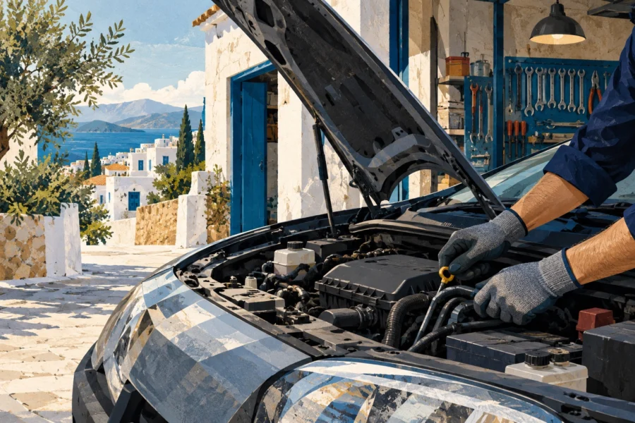 Εικονογράφηση τεχνικού ελέγχου μεταχειρισμένου αυτοκινήτου σε συνεργείο