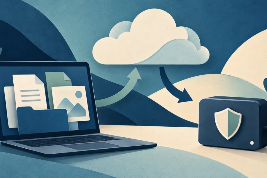 Συμβολική εικόνα laptop, cloud και εξωτερικού δίσκου με ασπίδα προστασίας αρχείων