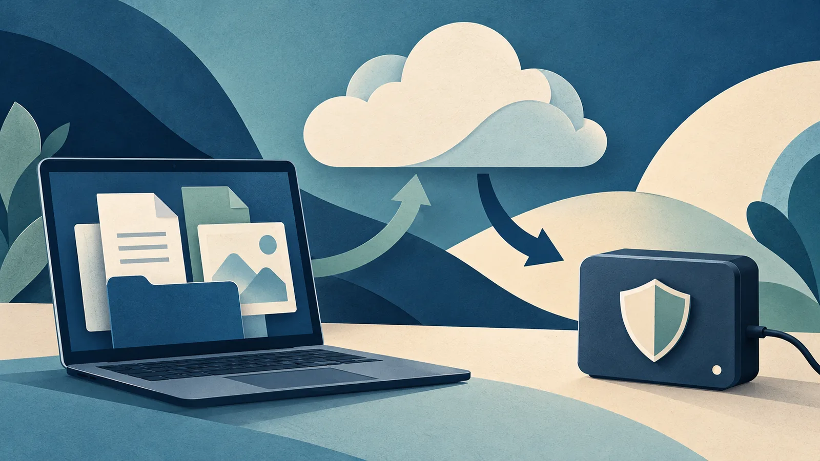Συμβολική εικόνα laptop, cloud και εξωτερικού δίσκου με ασπίδα προστασίας αρχείων