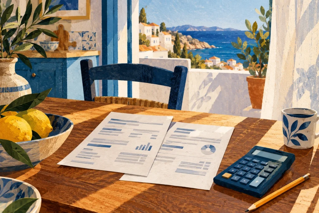 Εικονογράφηση σύγκρισης λογαριασμών ρεύματος σε οικιακό τραπέζι