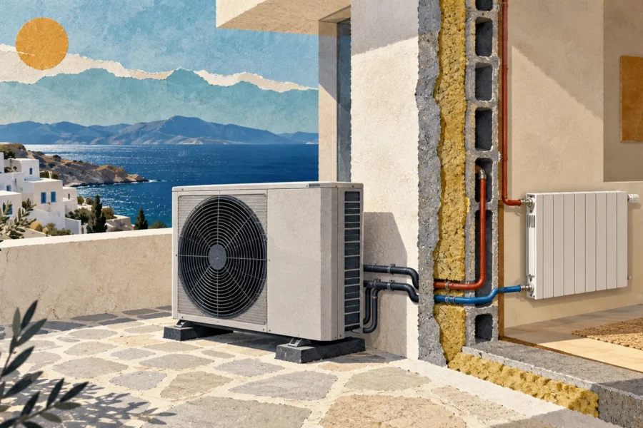 Συμβολική εικονογράφηση αντλίας θερμότητας, μονωμένου τοίχου και σώματος θέρμανσης.