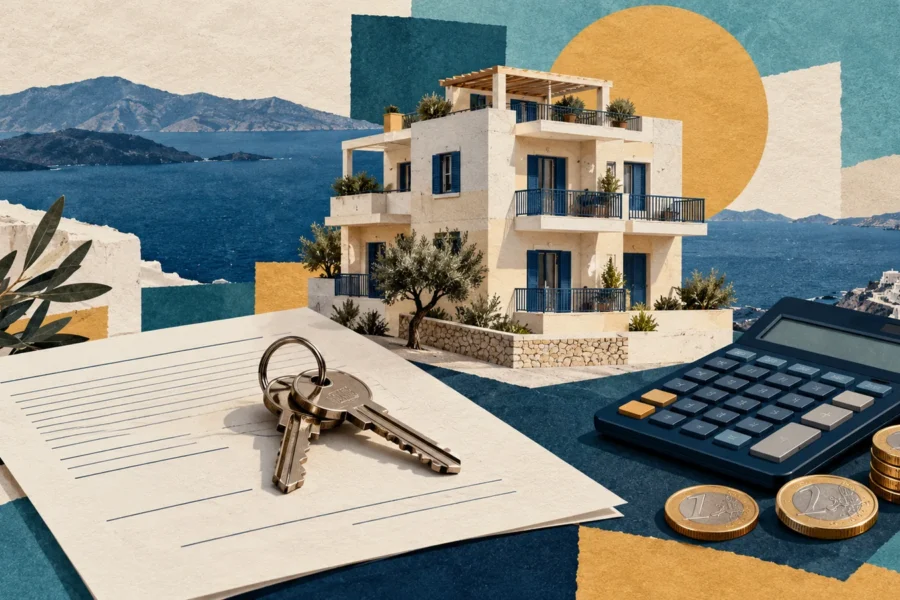 Συμβολική εικονογράφηση κατοικίας, κλειδιών, συμβολαίου και αριθμομηχανής.