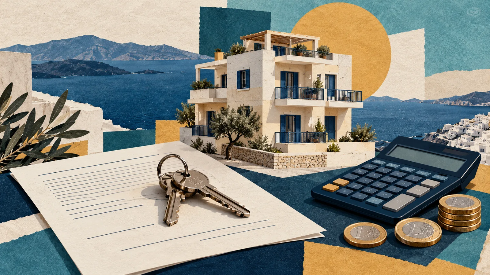 Συμβολική εικονογράφηση κατοικίας, κλειδιών, συμβολαίου και αριθμομηχανής.