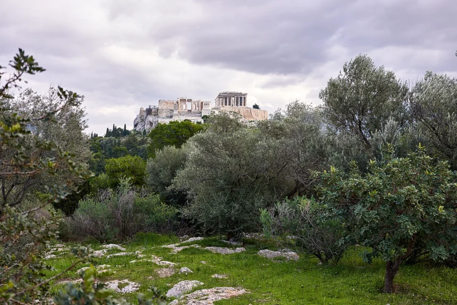 Η Ακρόπολη της Αθήνας με συννεφιά και βροχερό καιρό, από την Πνύκα