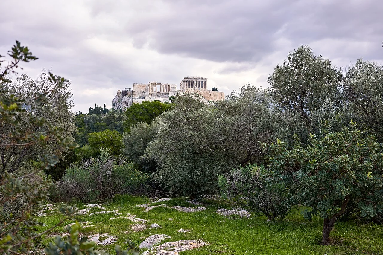 Η Ακρόπολη της Αθήνας με συννεφιά και βροχερό καιρό, από την Πνύκα