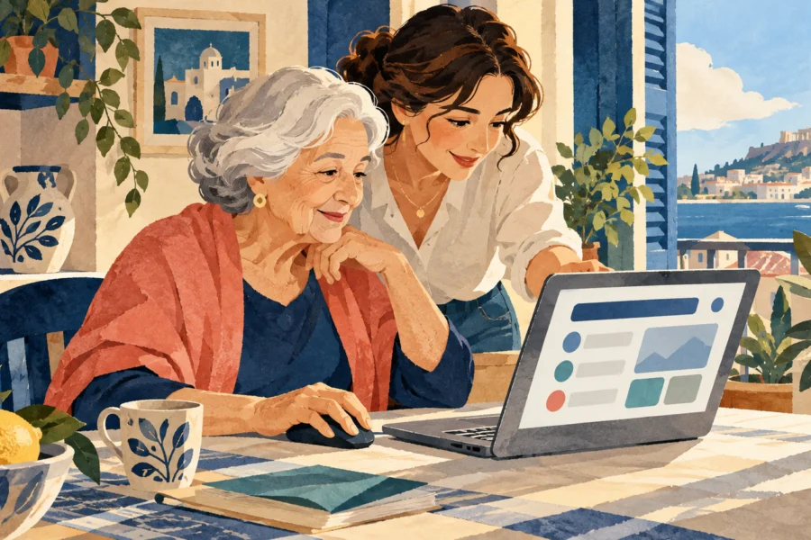 Εικονογράφηση γυναίκας μεγαλύτερης ηλικίας που χρησιμοποιεί ψηφιακές υπηρεσίες με υποστήριξη