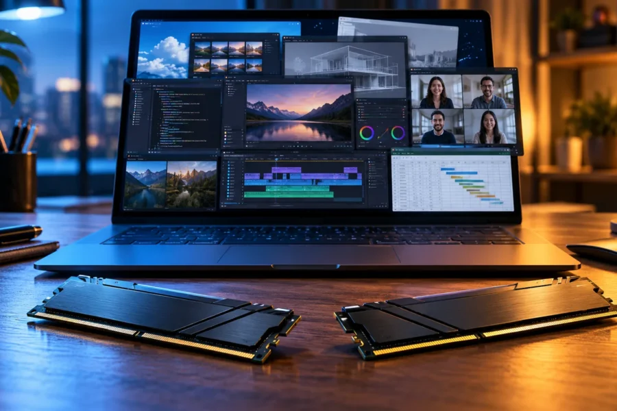 Συμβολική εικόνα laptop με εφαρμογές εργασίας και δύο μονάδες μνήμης