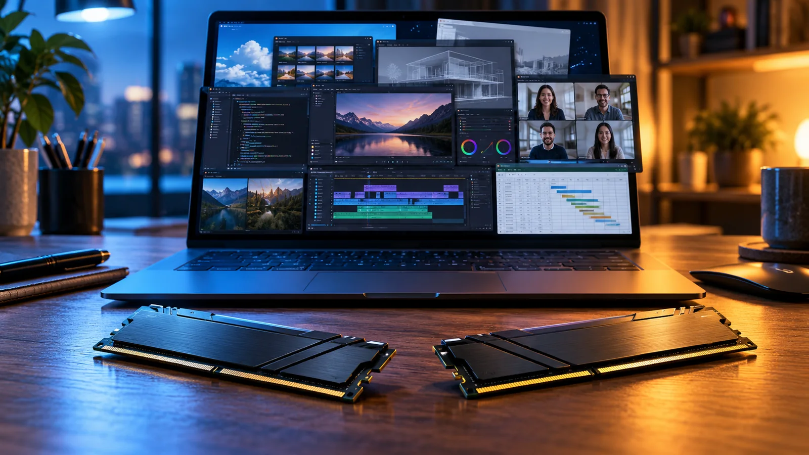 Συμβολική εικόνα laptop με εφαρμογές εργασίας και δύο μονάδες μνήμης