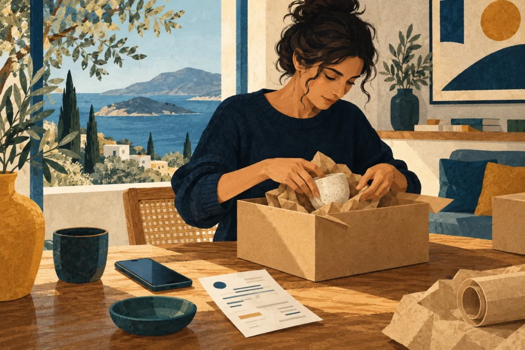 Εικονογράφηση προετοιμασίας δέματος για επιστροφή online αγοράς