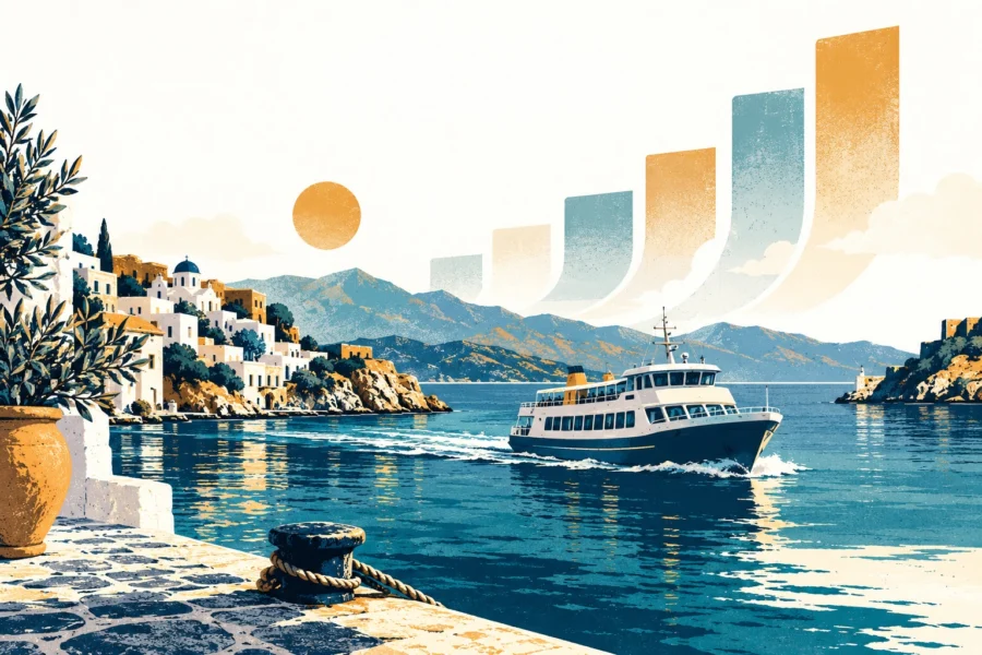 Συμβολική εικονογράφηση ελληνικού λιμανιού και τουριστικής οικονομίας