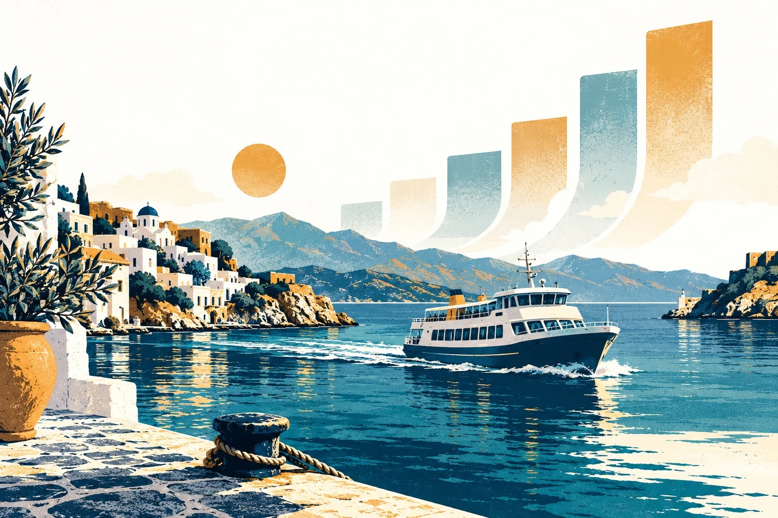 Συμβολική εικονογράφηση ελληνικού λιμανιού και τουριστικής οικονομίας