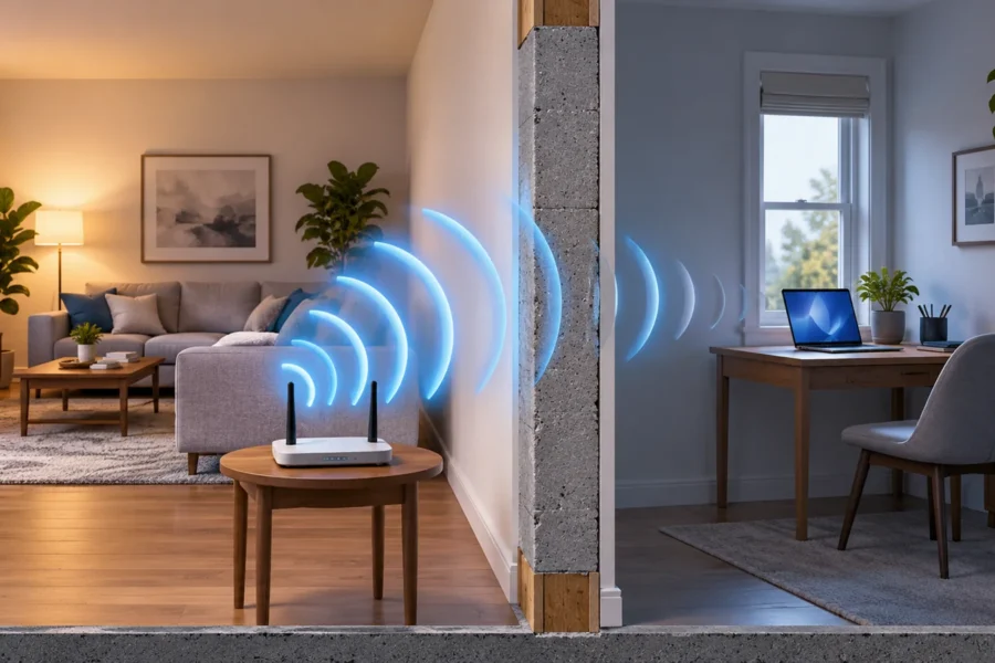 Συμβολική απεικόνιση σήματος Wi-Fi που εξασθενεί ανάμεσα σε δύο δωμάτια